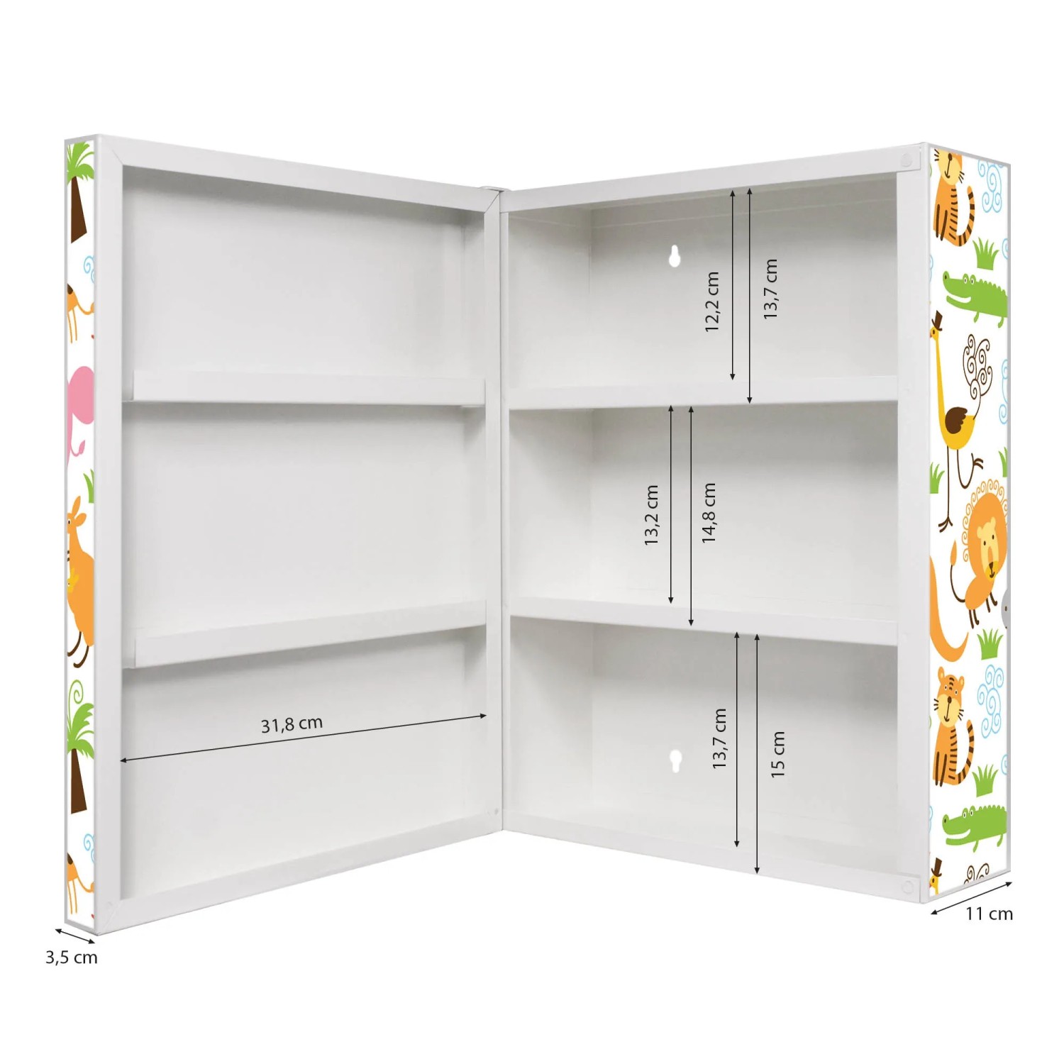 Offener, weißer Banjado XXL Medizinschrank mit Tiermotiv, 35x46x15cm, abschließbar.