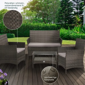 Graue Svita Brooklyn Polyrattan Sitzgruppe Gartenmöbel Set mit Tisch, Sofa und Sesseln.