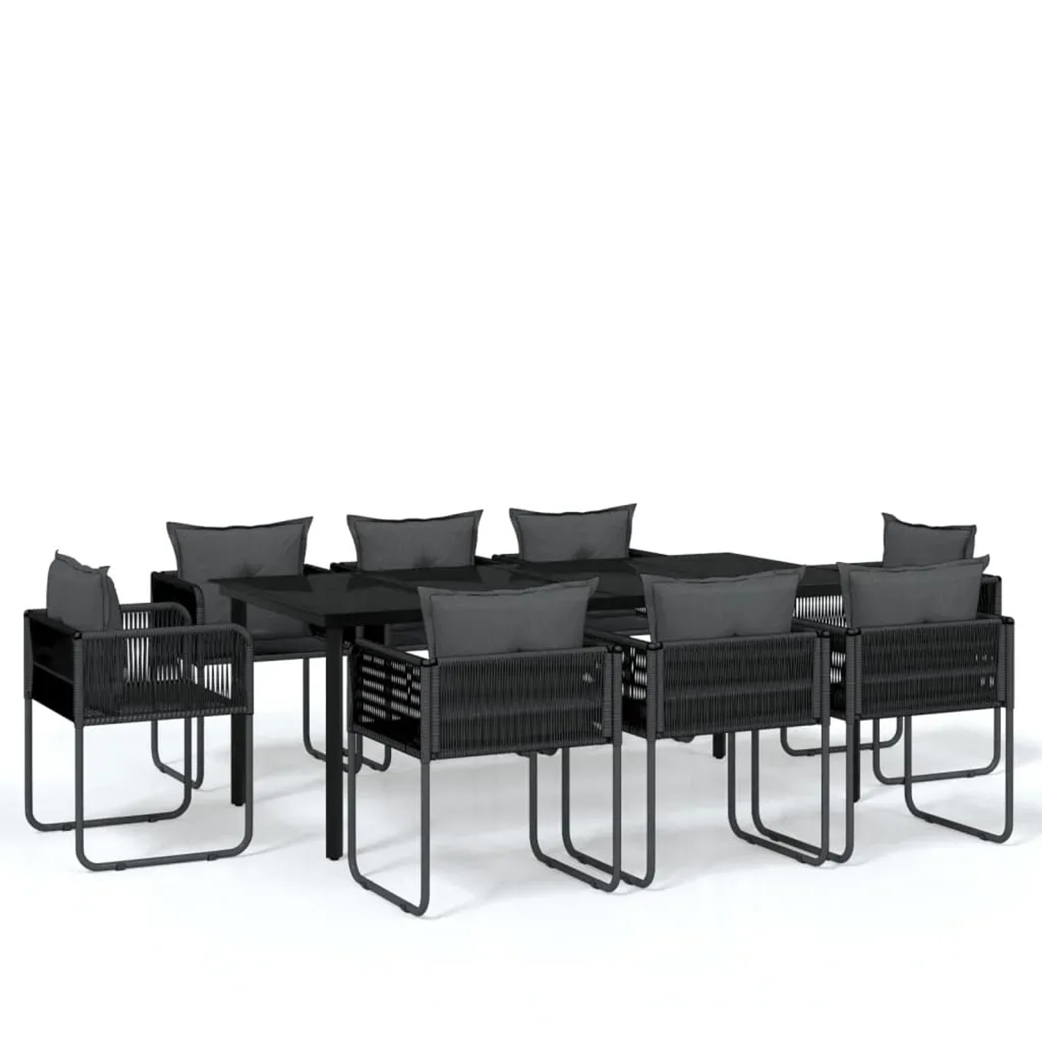 Schwarze 9-teilige Garten-Essgruppe mit Tisch aus Glas und Rattan-Stühlen mit Kissen.
