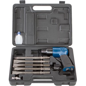 Scheppach Drucklufthammer Set mit 5 Meißeln und Ölflasche im Koffer.