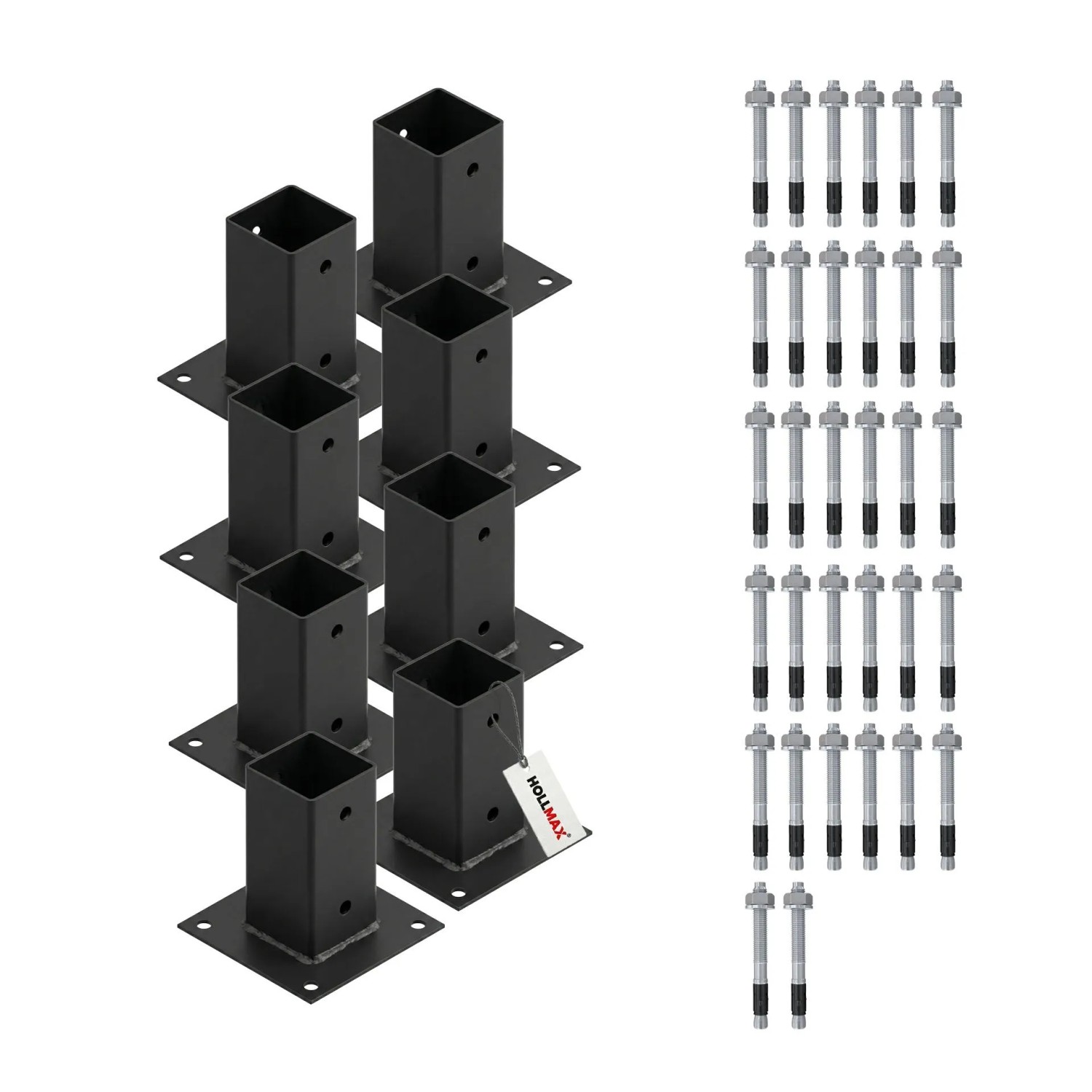 HOLLMAX 8 Stk. Aufschraubhülse/Pfostenträger 71 mm inkl. Schwerlastanker 10 x 100 mm Pulverbeschichtet Schwarz für Vierkantpfosten
