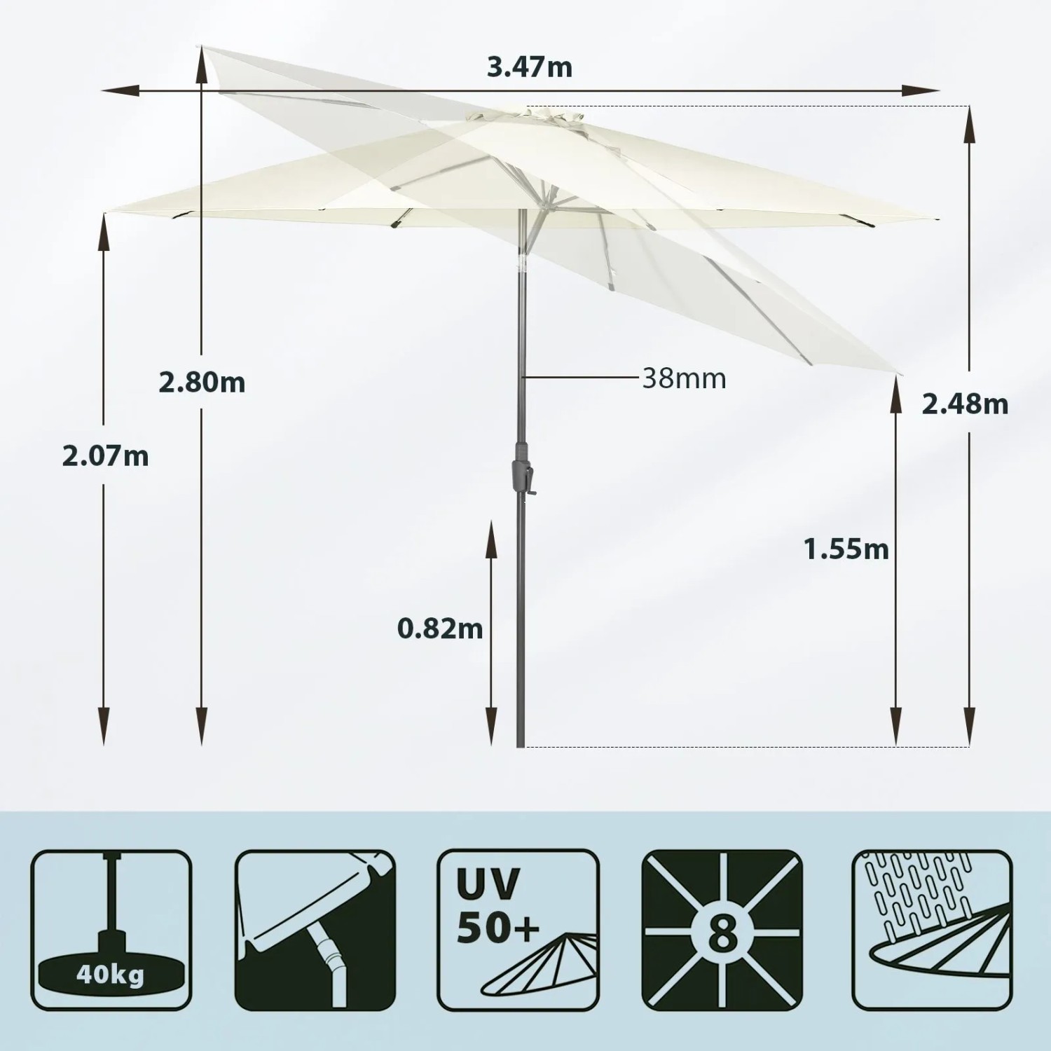 Sekey Sonnenschirm 350 cm: Gartenschirm mit Kurbel, Maße und Details.