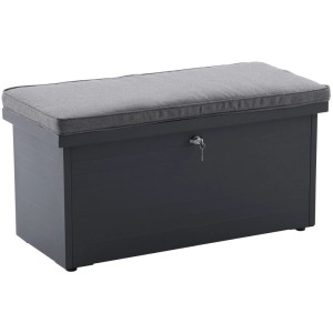 Anthrazitfarbene Stahl-Aufbewahrungsbox mit grauem Sitzkissen und Schloss. Ideal als Gartenbank oder Kissenbox.