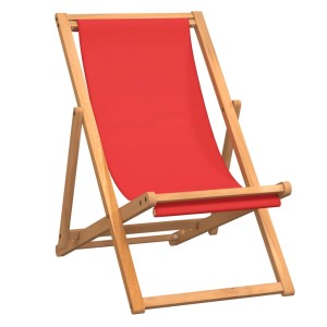 Klappbarer, roter Strandstuhl aus Teak Massivholz für Garten, Strand oder Camping.