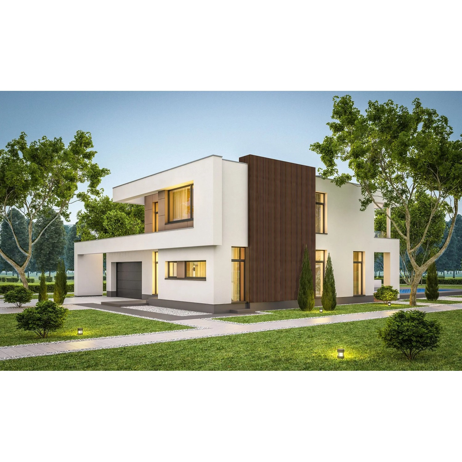 Modernes Haus mit dunklem Akustikpaneel aus Fichte Thermoholz als Fassadenverkleidung.