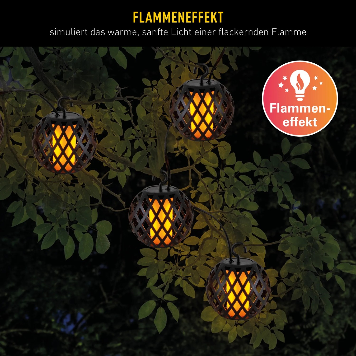 Näve LED Solar Lichterkette Fogo mit Flammeneffekt, Kugeln an Zweigen.