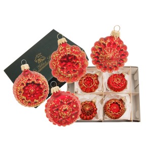 4 rote Krebs Glas Lauscha Weihnachtskugeln (6cm) mit Goldglitter im Set.