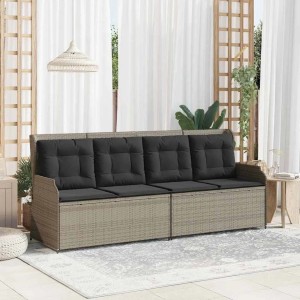 Hellgraue Poly Rattan Gartenbank mit dunkelgrauen Kissen. Komfortable, verstellbare Relaxbank für Lounge-Gartenmöbel.