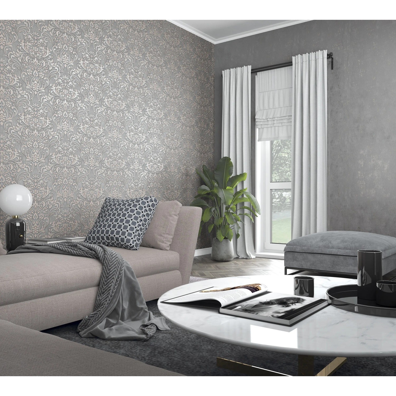 Wohnraum mit grauer Marburg Vliestapete City Glam Ornamental mit Ornamenten.