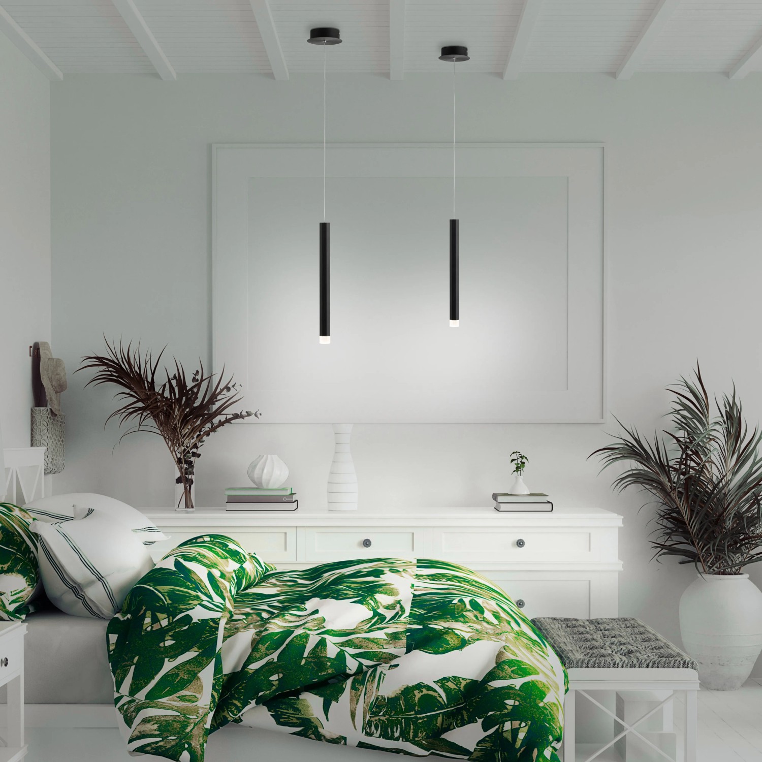 Schwarze LED-Pendelleuchte Bruno, 1-flammig, 15x120cm, im Schlafzimmer.