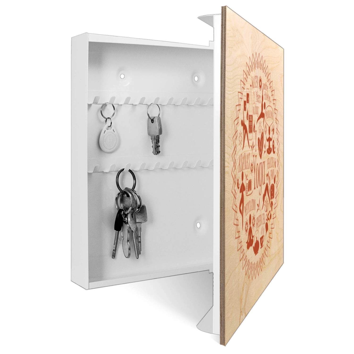 Weißer Schlüsselkasten aus Holz mit Yoga-Motiv, 30x30cm, 50 Haken. Schlüsselbox für Garderobe.