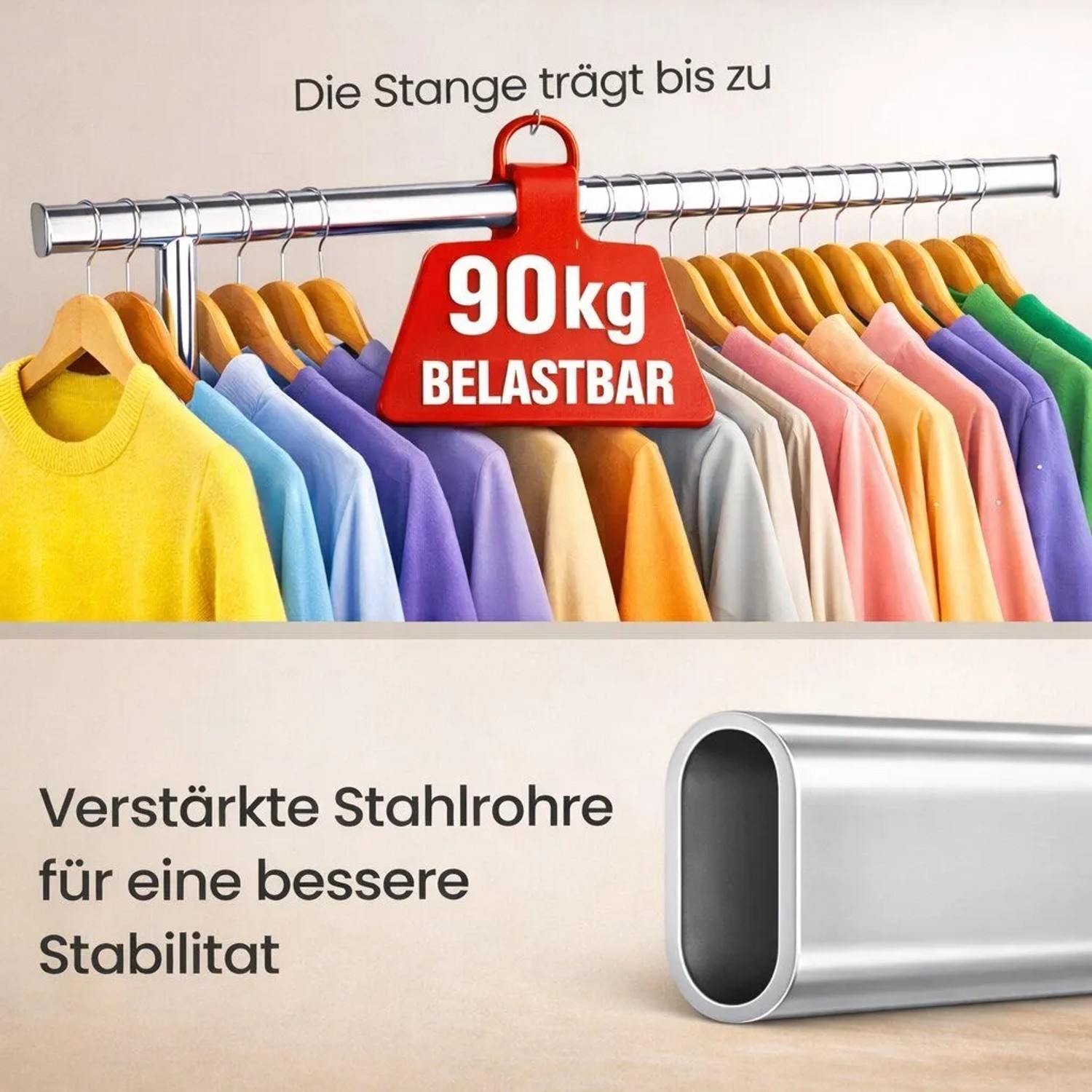 BigDean Kleiderständer mit farbiger Kleidung und Detailaufnahme des Stahlrohrs.