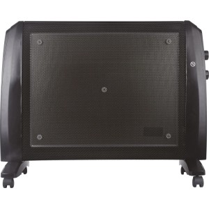 Schwarzer Wärmewellenheizer Harstad 1500 W mit Rollen und Thermostat für elektrische Heizgeräte.