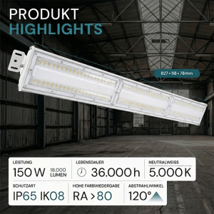 Weiße LUXULA LED Hallenleuchte, 150W, für Industrie & Gewerbe. Linear, neutralweißes Licht.