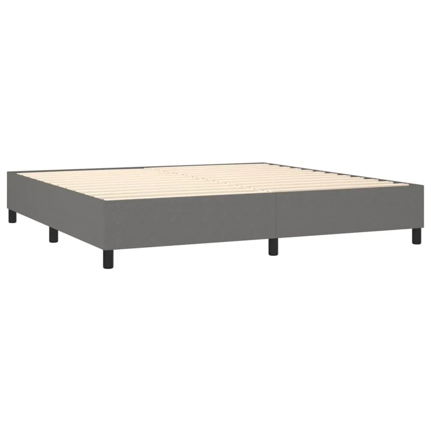 Boxspringbett in Dunkelgrau, Stoffbezug, ohne Matratze. Bettgestell mit Lattenrost und Füßen.