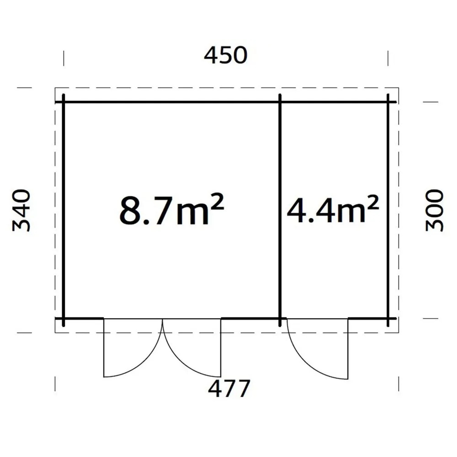 Grundriss Palmako Ella Holz-Gartenhaus: 470x300 cm, Pultdach, unbehandelt.