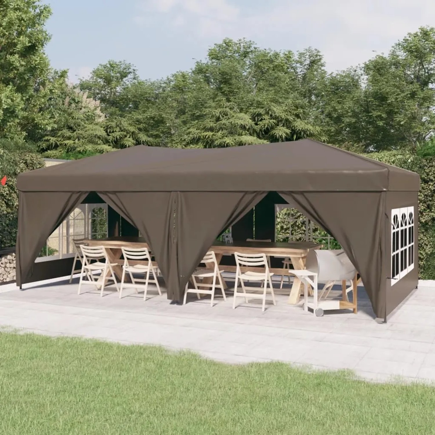 Faltbares Partyzelt, taupe, 3x6 m, mit Seitenwänden und Fenster, ideal für Gartenpartys.