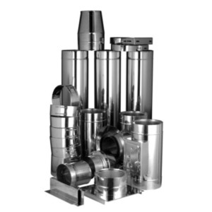 Doppelwandiger Schornstein Grundpaket 5, Ø 150 mm, mit diversen Edelstahl-Bauteilen und Fundamentkonsole.