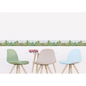 Selbstklebende Tapetenbordüre mit Dinosaurier-Motiv in Grün für Kinderzimmer.