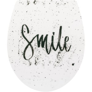 WC-Sitz Happy Lettering mit Absenkautomatik, weiß mit schwarzem "Smile" Schriftzug.
