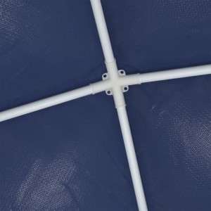 Detailaufnahme blaues Partyzelt 4x4m, weiße Stangen und Verbinder.