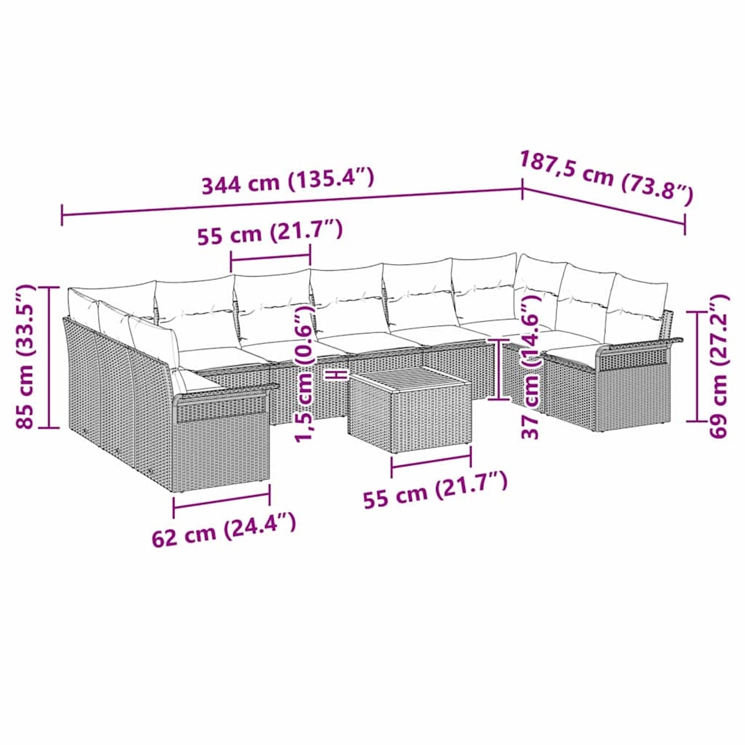 vidaXL Garten-Sofa-Set, 11-teilig, beige Poly Rattan mit Akazienholz, inklusive Kissen. Abmessungen sind dargestellt.