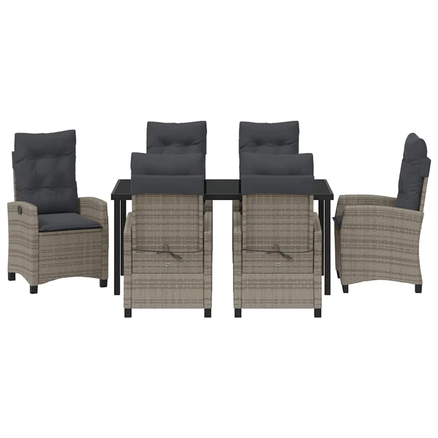 7-teiliges Garten Esszimmer Set von vidaXL mit grauen Polyrattan Stühlen und Tisch.