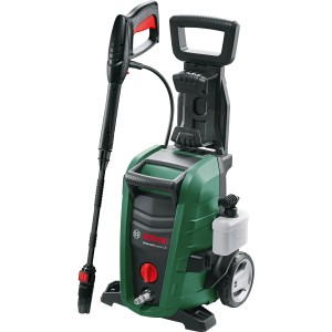 Bosch UniversalAquatak 135 Hochdruckreiniger mit Lanze, Rädern und Reinigungsbehälter.