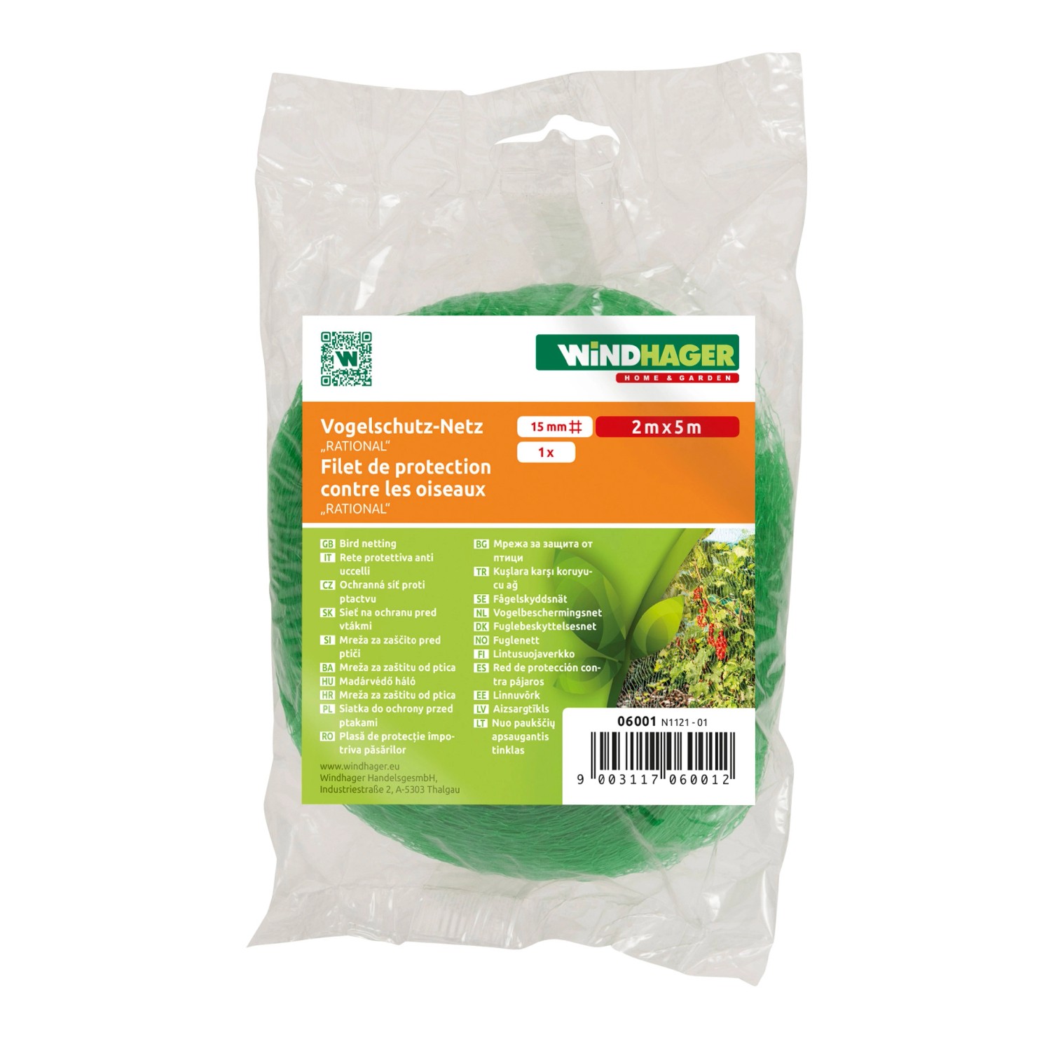 Windhager Vogelschutznetz Rational, 2x5m, grünes Netz im transparenten Beutel.