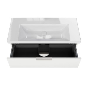 Steinkamp Waschtischunterschrank mit Villeroy & Boch Waschbecken, schneeweiß glänzend, mit offenem Auszug.