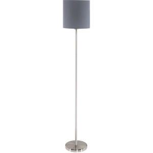 Moderne Eglo Stehleuchte Pasteri, Nickel-Grau matt, mit grauem Stoffschirm. Design-Stehlampe für Wohnbereich.