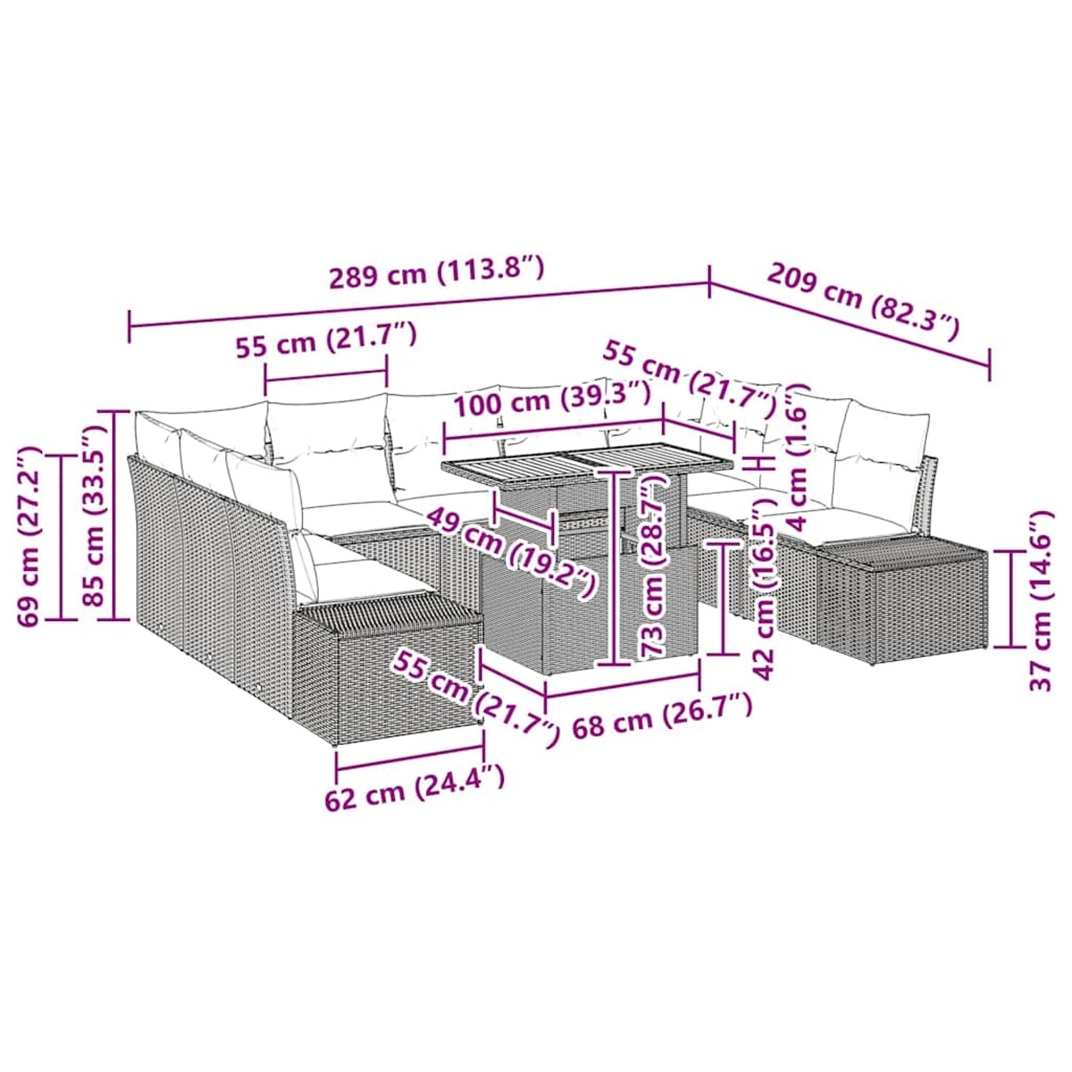 Beiges 10-teiliges Garten-Sofa-Set mit Tisch und Stauraum aus Polyrattan.