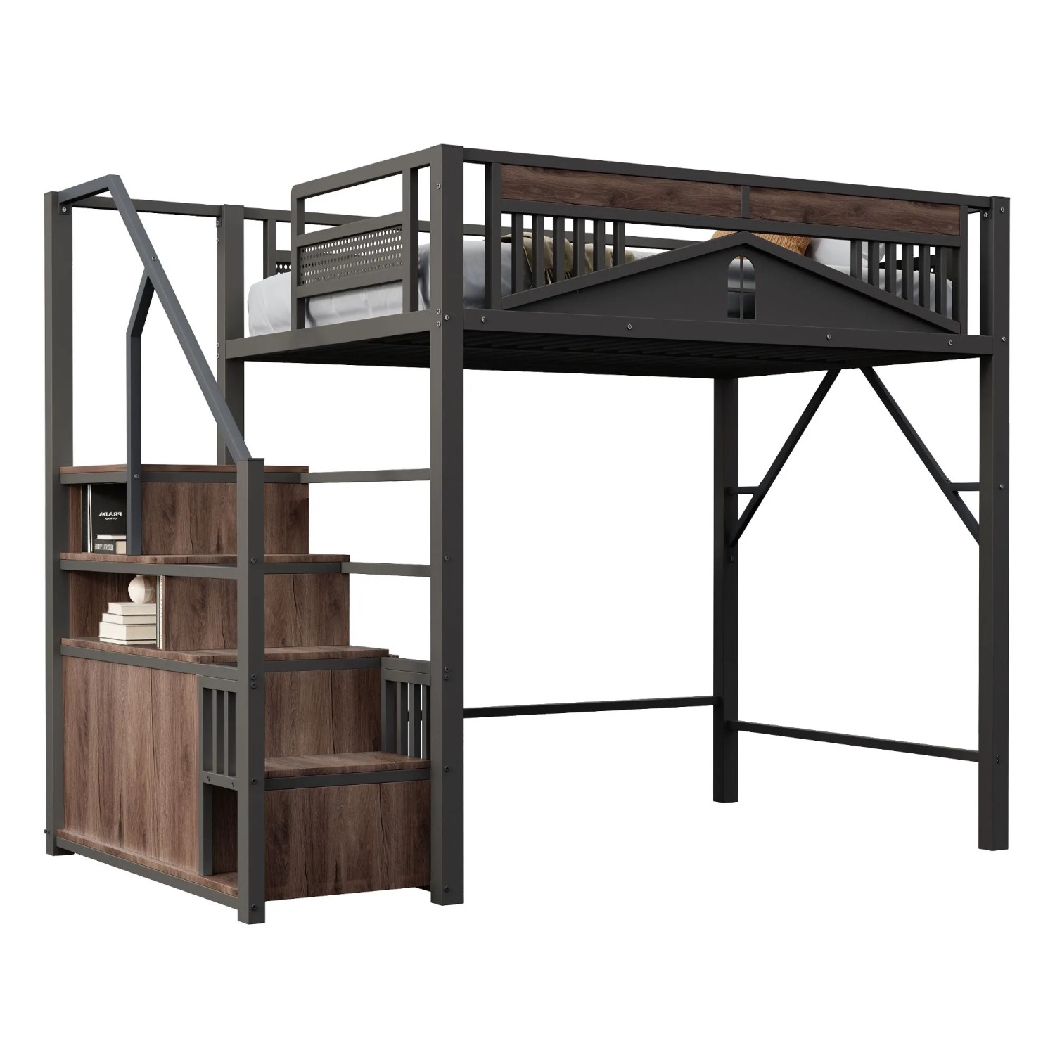 okwish Hochbett 140x200cm mit Sicherheitsgehäuse Leiter Spind Jugendzimmer Schwarz ohne Matratze