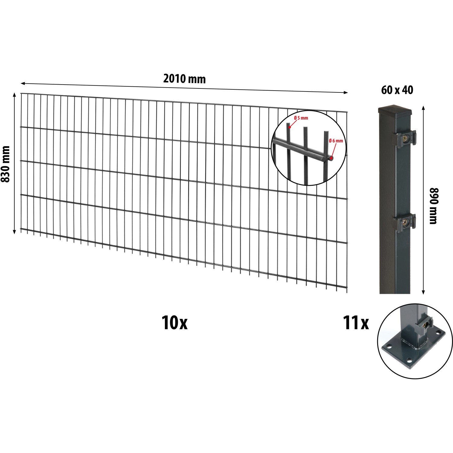 Floraworld Doppelstabmatten-Zaunset mit Bodenplatte Anthrazit 83 cm x 2000 günstig online kaufen