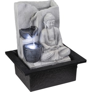 Grauer LED-Brunnen Albert mit Buddha-Figur für den Tisch. Design-Tischlampe mit Farbwechsel.