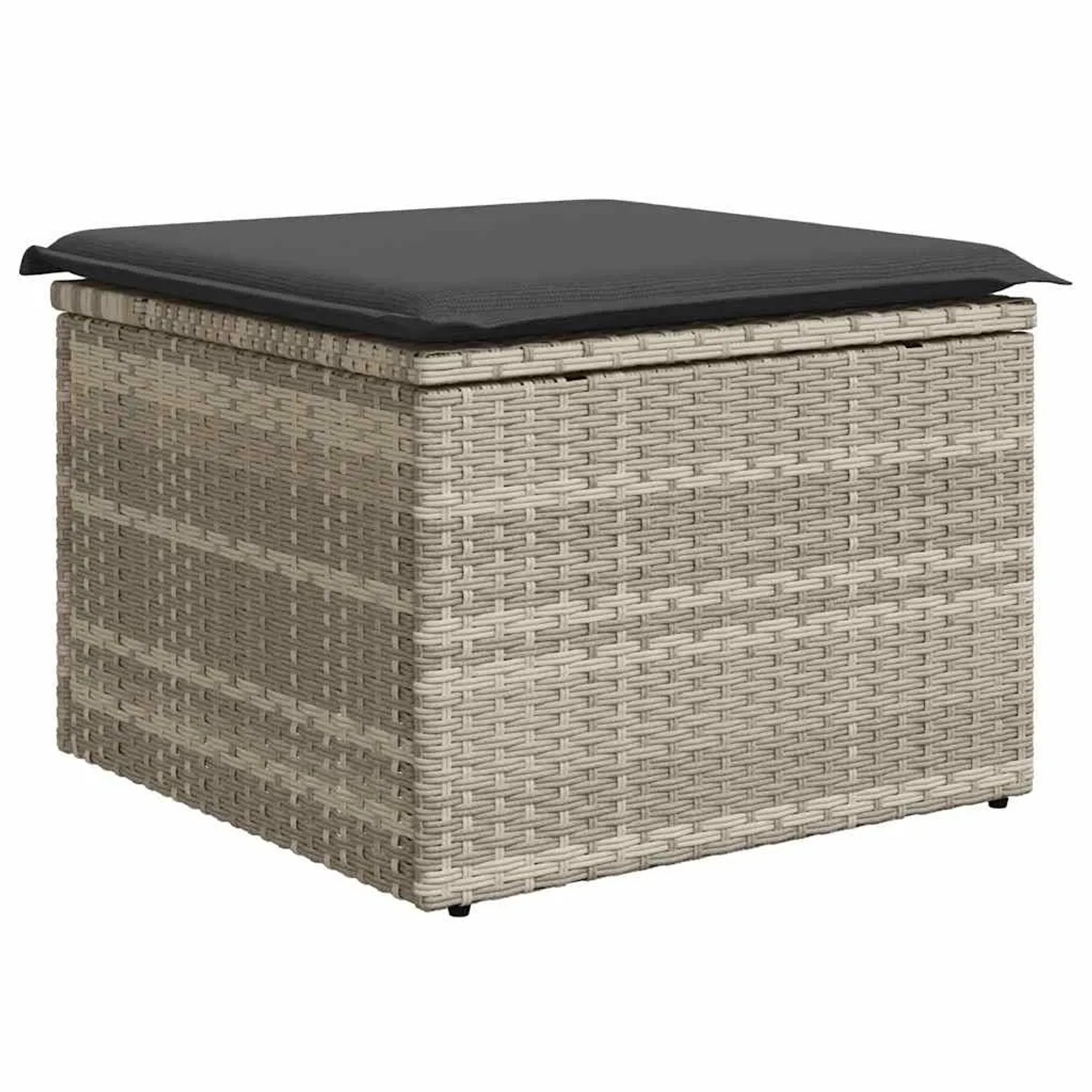 Hellgrauer vidaXL Gartenmöbel-Fußhocker aus Rattan mit dunklem Kissen.