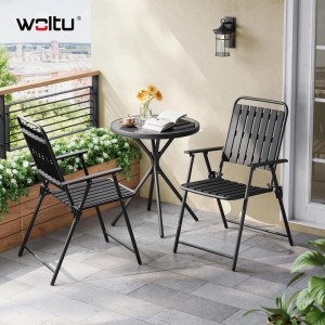WOLTU Balkonset: Schwarzer Klapptisch mit Glasplatte und 2 Klappstühlen auf Balkon. Kompaktes Gartenmöbel Set.