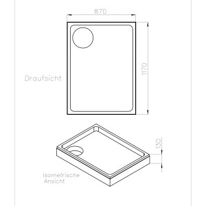 Technische Zeichnung Ottofond Wannenträger Aruba 120x90 cm für Duschwanne, Draufsicht und isometrische Ansicht mit Maßen.