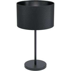 Schwarze Eglo Tischleuchte Maserlo mit Stoffschirm, modernes Design für Wohnräume.