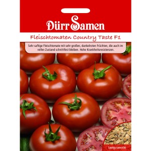 Dürr Samen Fleisch-Tomaten Country Taste F1 Saatgut mit roten Tomaten und Saatgutanblick.