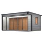 Modernes, graues Weka Designhaus Cubilis 4.0 Holz-Gartenhaus mit Glasfront und Fenster.