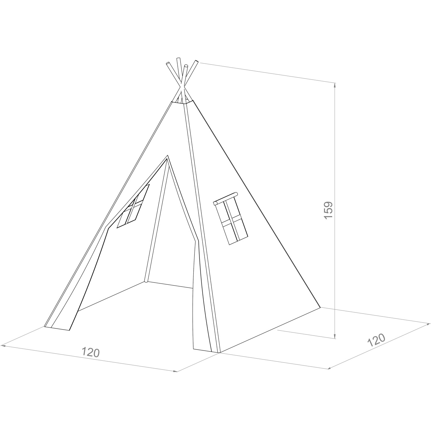 Skizze: Graues Sunny Alba Tipi Zelt aus Baumwolle mit Holzstäben und zwei Fenstern. Spielzelt für Kinder.