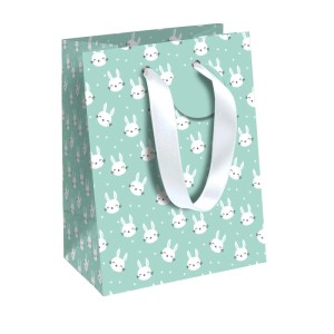 Clairefontaine Geschenktasche M, mintgrün mit weißen Hasenköpfen und eleganten Satinhenkeln.