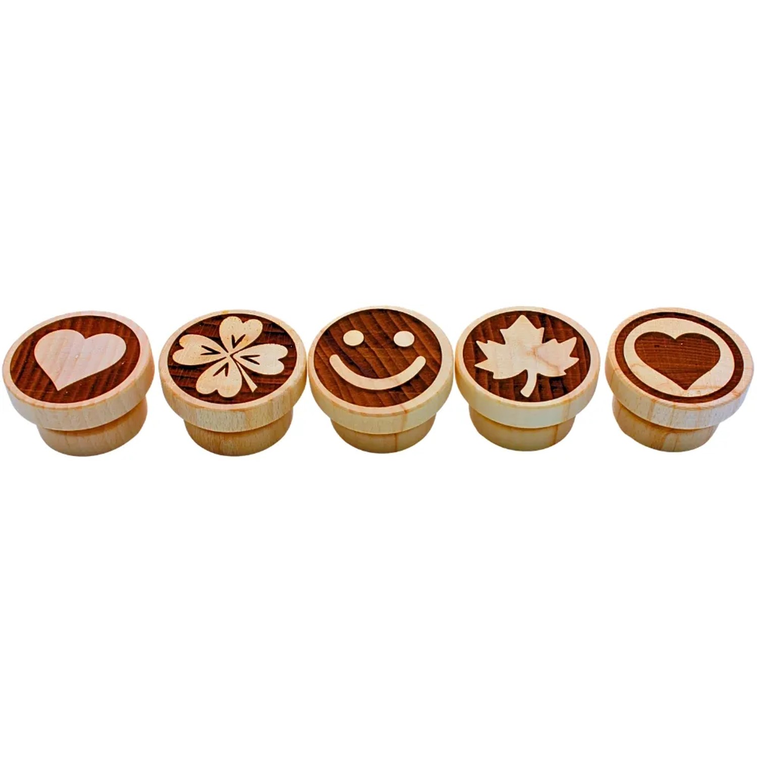 Dekohelden24 5er Set Teigstempel Holzstempel Stempelset aus Holz mit Glücksmotiven Made in EU Maße eines Stempels L/B/H 5 x 5 x 3 cm