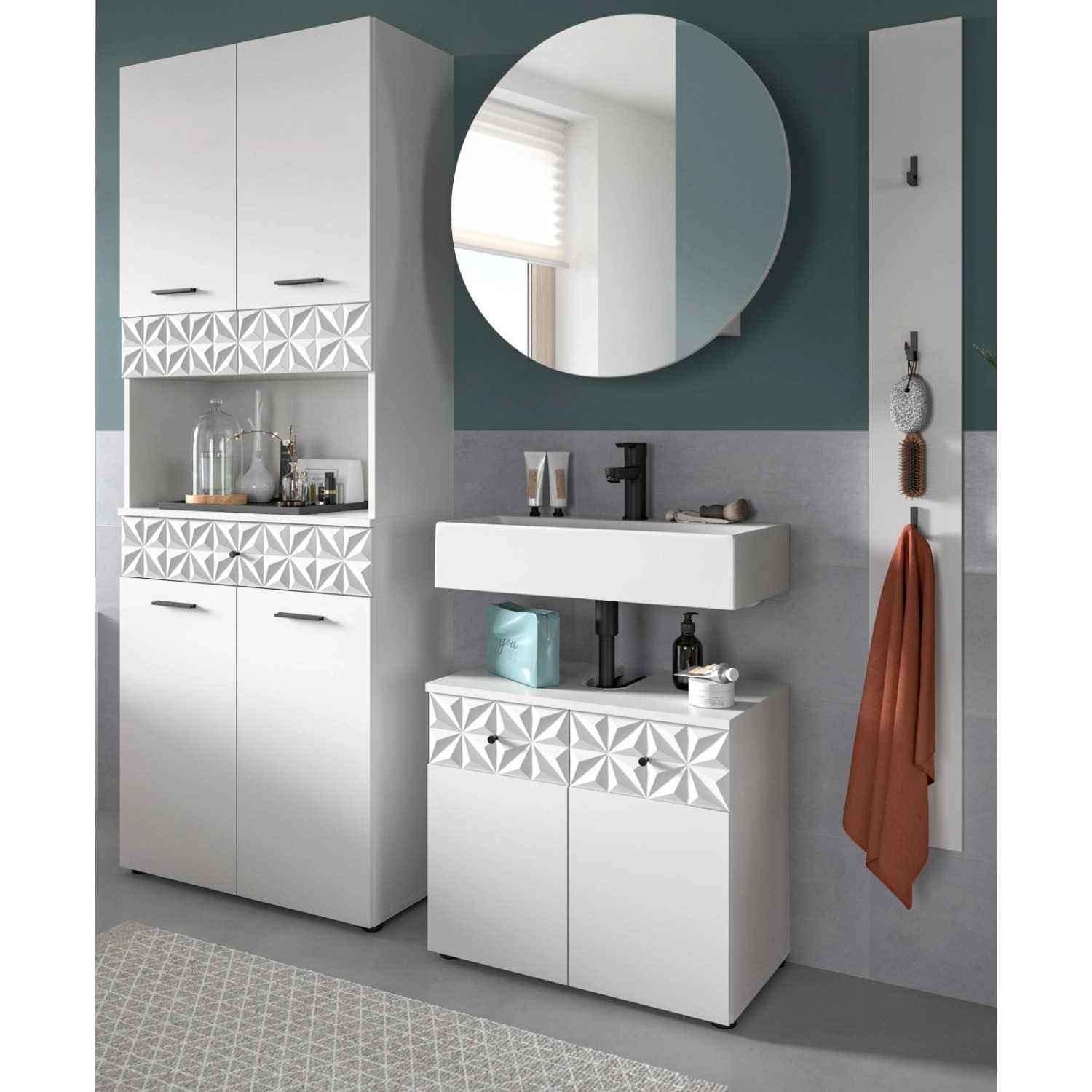 Inn.Furn Badmöbel Set in Weiß Hochglanz 4-teilig 186 cm Relief günstig online kaufen