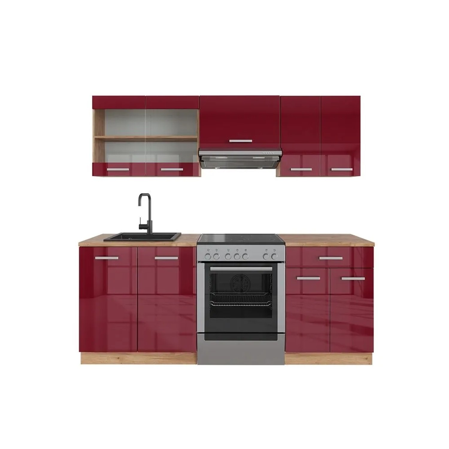Vicco R-Line Küchenzeile Bordeaux Hochglanz Goldkraft Eiche 200 cm ohne Arbeitsplatte ohne E-Geräte