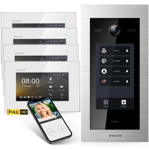 Balter EVO HD Touch Video-Türsprechanlage für Mehrfamilienhaus. 4x 7 Zoll Monitore, silberne Türstation mit Touchscreen, RFID, App.