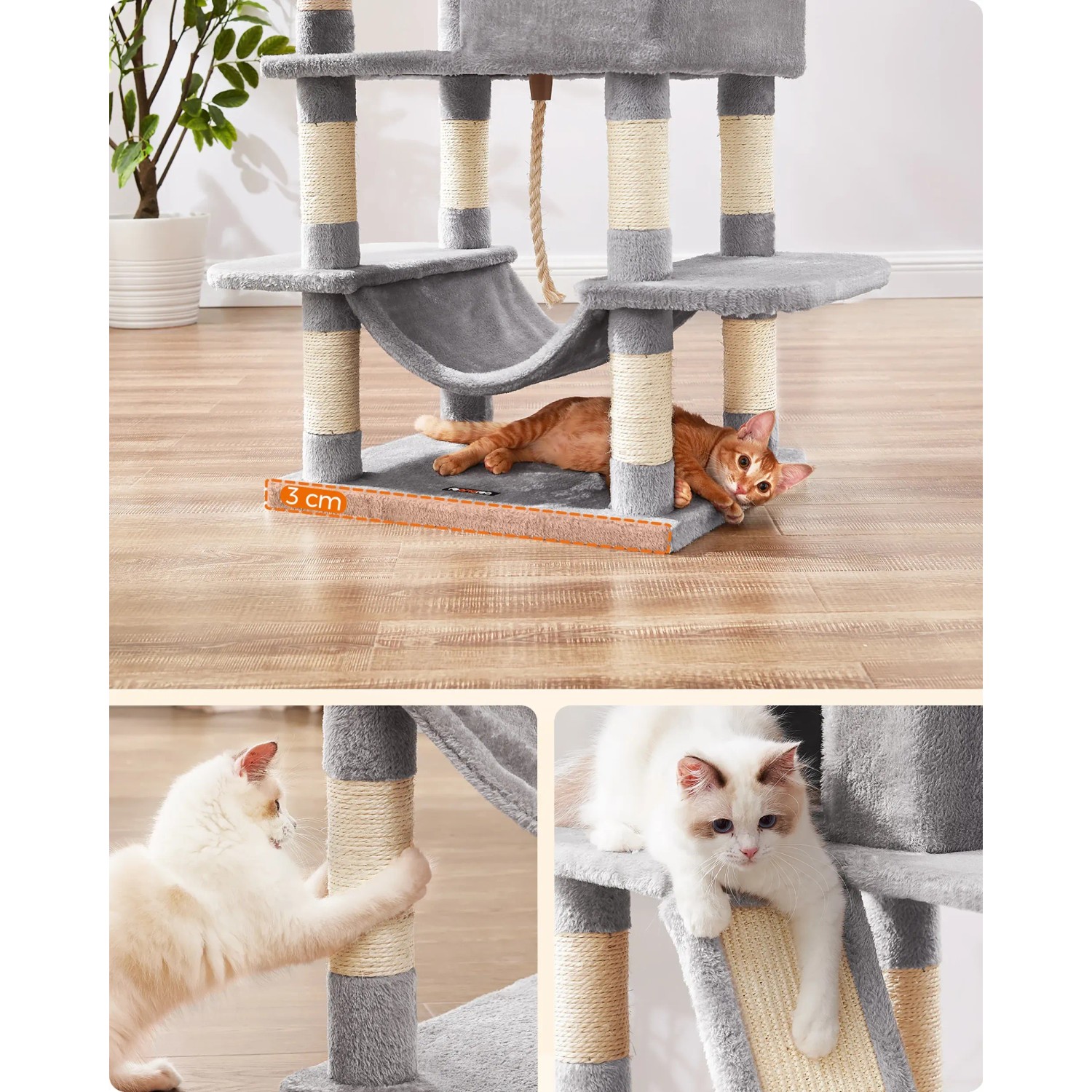 Feandrea Kratzbaum, 165 cm, hellgrau, mit Katzen beim Spielen und Kratzen.
