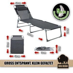 BigDean Sonnenliege, klappbar, dunkelgrau, mit Maßen und Packmaß dargestellt.