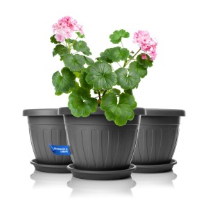 BigDean 28cm Blumentopf Mit Untersetzer Rund Anthrazit Wetterfester Pflanzkübel Wasserablauf UV Beständig Aus Bruchsicherem Kunststoff Innen Plus